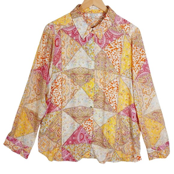 Rose & Olive, XL Button Down Blouse, Long Sleeve, Multi Paisley Patchwork Print - Picture 4 of 15